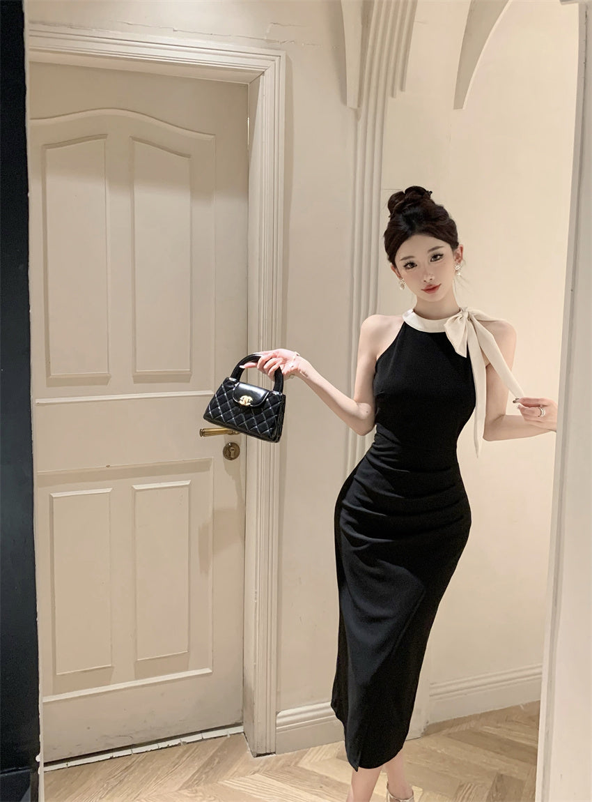 Glamorous Contrast Color-Block Ruched Midi Skirt Charming Cream Bow Accent Bodycon High-Slit Halter Long Dress AP1818