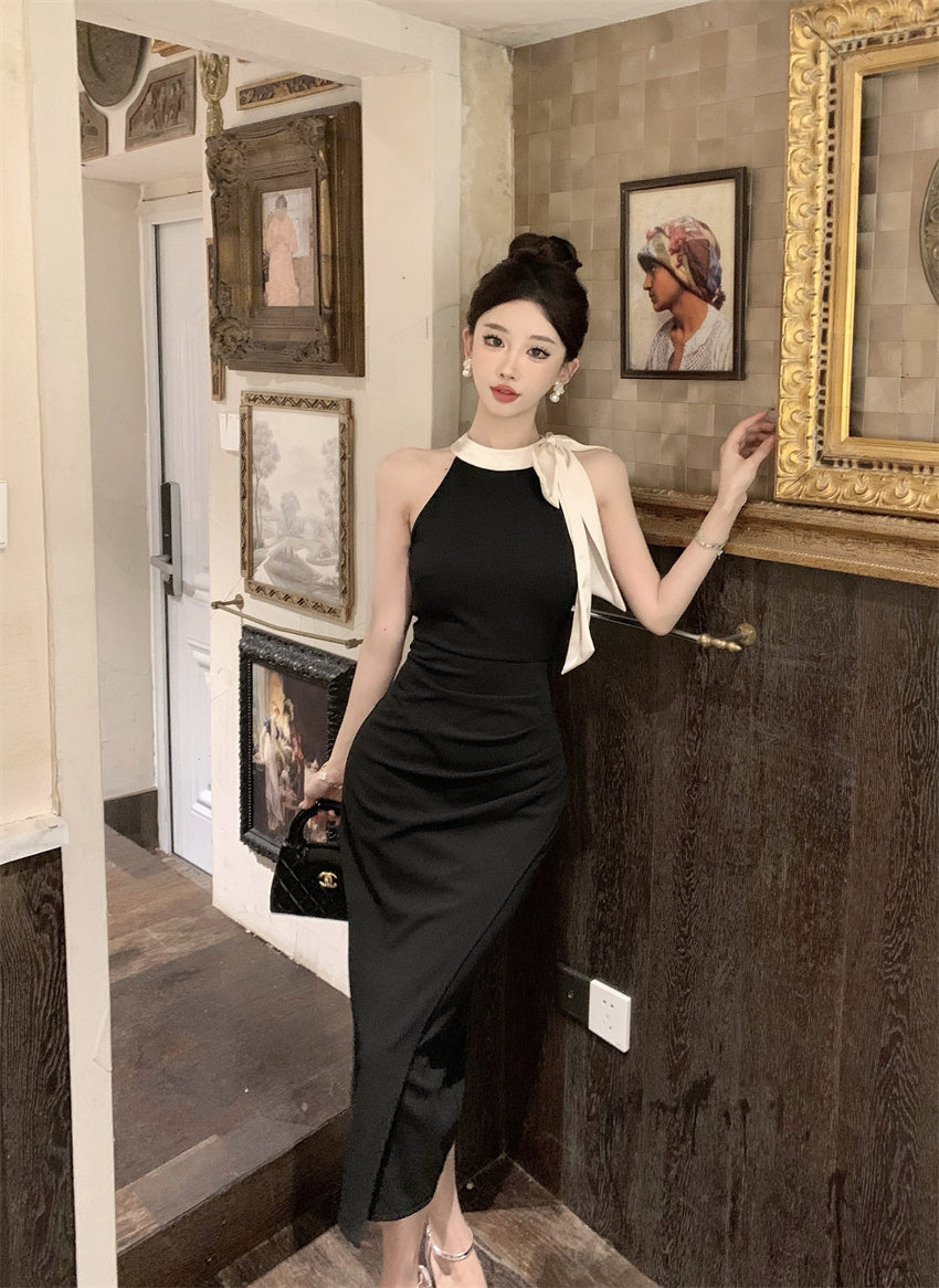 Glamorous Contrast Color-Block Ruched Midi Skirt Charming Cream Bow Accent Bodycon High-Slit Halter Long Dress AP1818