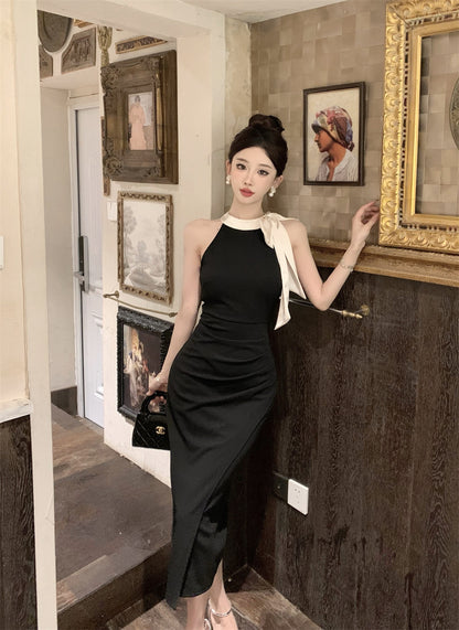 Glamorous Contrast Color-Block Ruched Midi Skirt Charming Cream Bow Accent Bodycon High-Slit Halter Long Dress AP1818