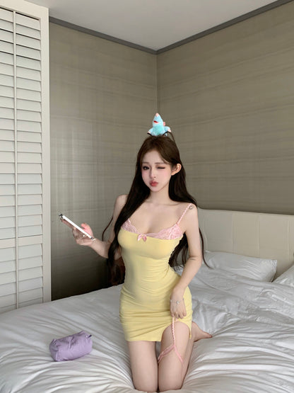 Vogue Pink Lace Trimmed Spaghetti Strap Sheath Yellow Mini Skirt Hot Girls Vibrant Asymmetric Hem Short Dress AP1819