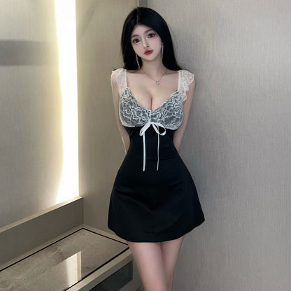 Graceful Ribbon Bow Accent Spaghetti Strap Mini Skirt Hot Girls Sheath A-Line Lace Trimmed Short Dress AP1821