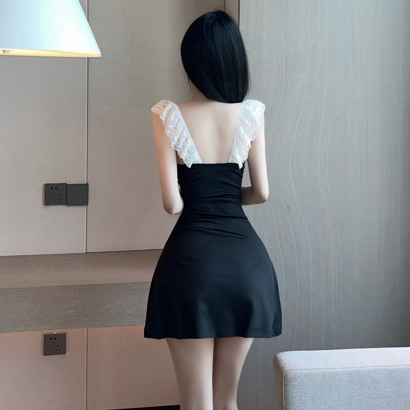 Graceful Ribbon Bow Accent Spaghetti Strap Mini Skirt Hot Girls Sheath A-Line Lace Trimmed Short Dress AP1821