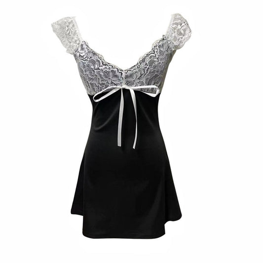 Graceful Ribbon Bow Accent Spaghetti Strap Mini Skirt Hot Girls Sheath A-Line Lace Trimmed Short Dress AP1821