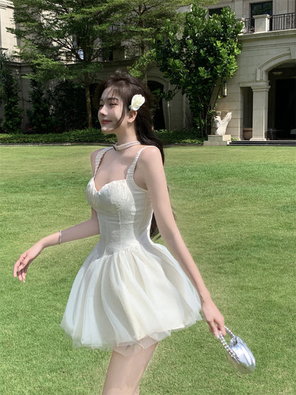 Ethereal Creamy White Corset Spaghetti Strap Mini Skirt Charming Garden Parties Cascade Tiered Tulle Short Dress AP1822