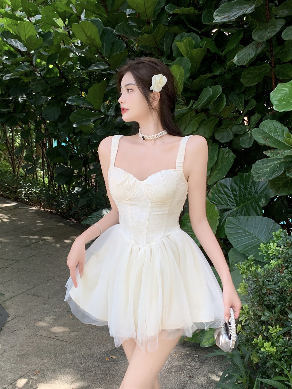 Ethereal Creamy White Corset Spaghetti Strap Mini Skirt Charming Garden Parties Cascade Tiered Tulle Short Dress AP1822