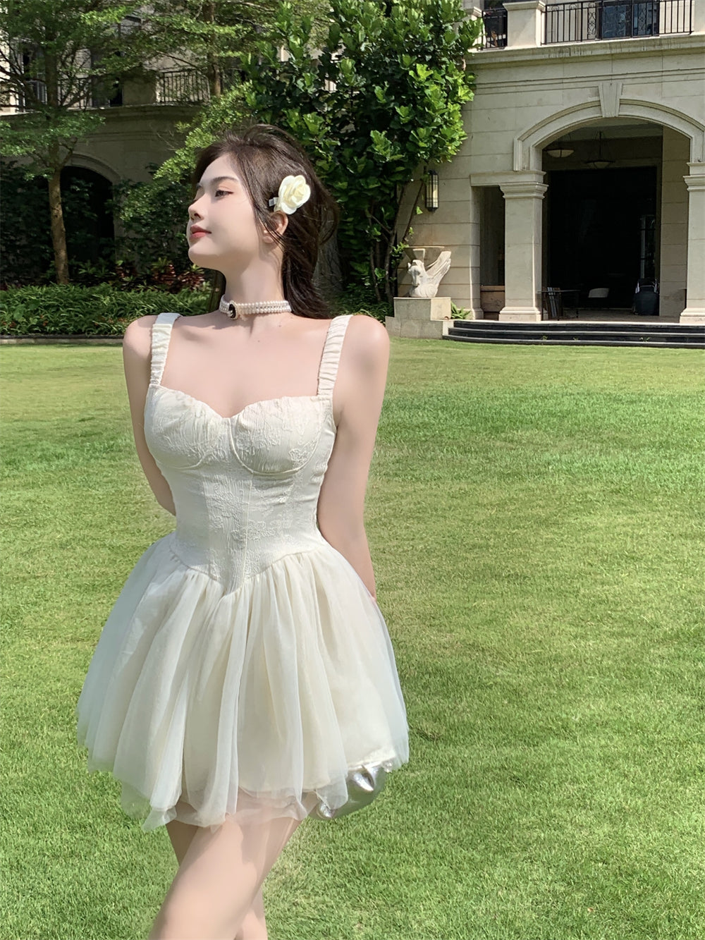 Ethereal Creamy White Corset Spaghetti Strap Mini Skirt Charming Garden Parties Cascade Tiered Tulle Short Dress AP1822