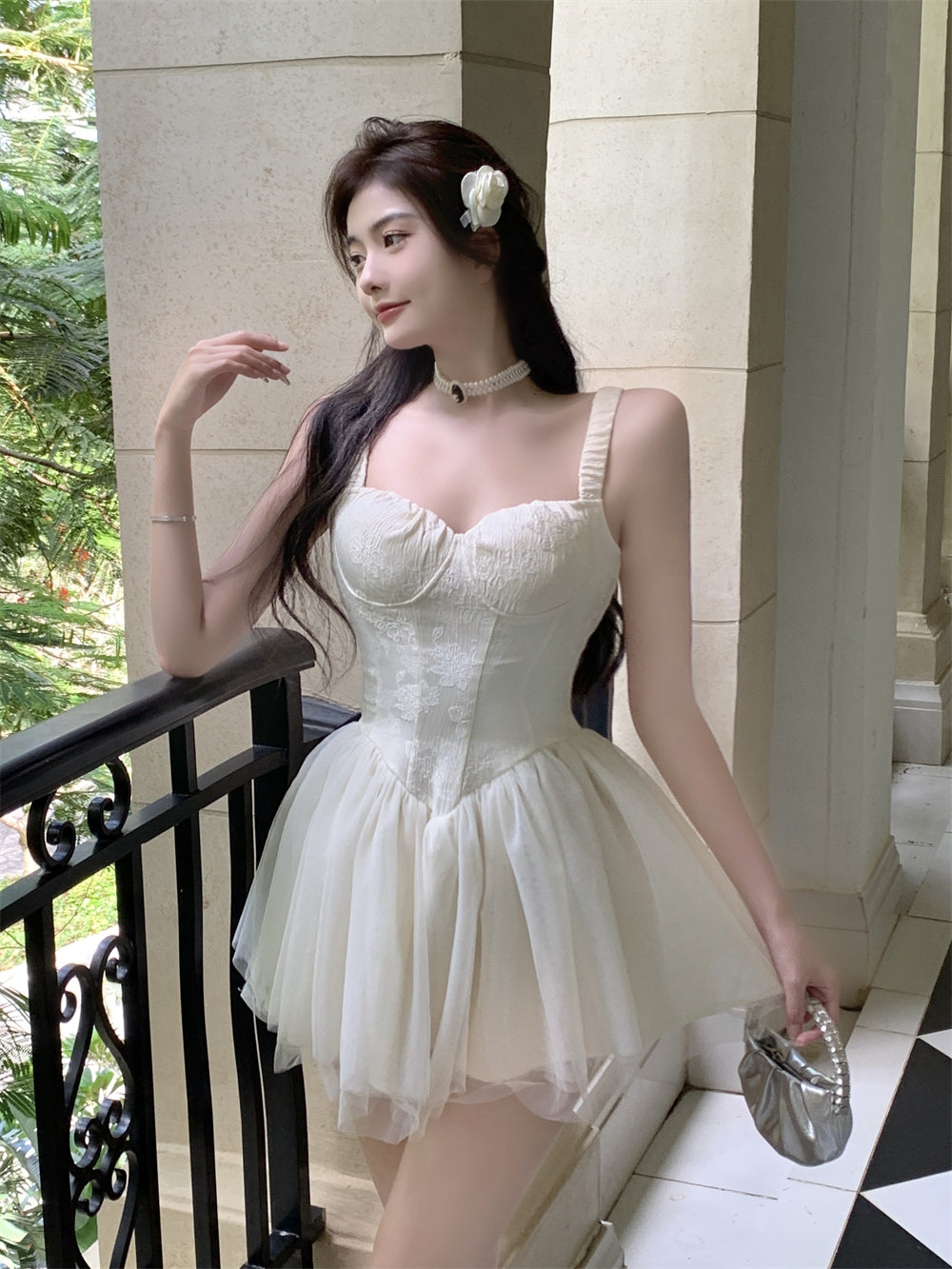 Ethereal Creamy White Corset Spaghetti Strap Mini Skirt Charming Garden Parties Cascade Tiered Tulle Short Dress AP1822