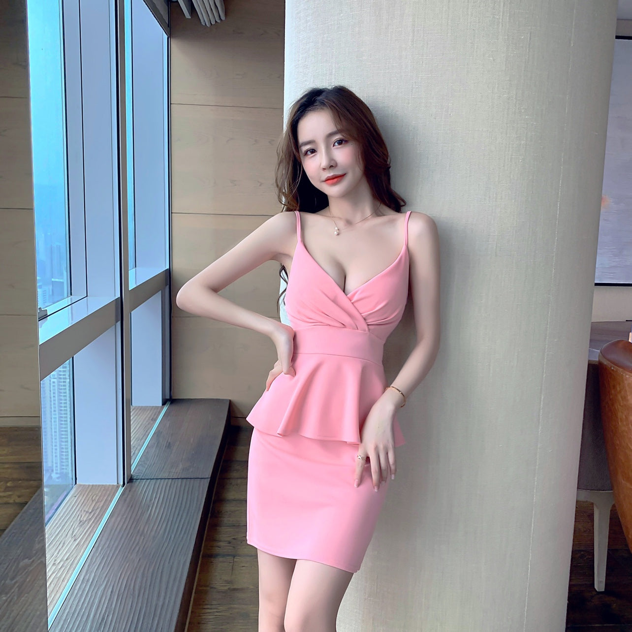 Romantic Pink Bodycon Spaghetti Strap Mini Dress Chic Night Outs Peplum Waist Bodycon Short Dress AP1824