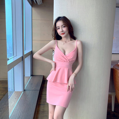Romantic Pink Bodycon Spaghetti Strap Mini Dress Chic Night Outs Peplum Waist Bodycon Short Dress AP1824