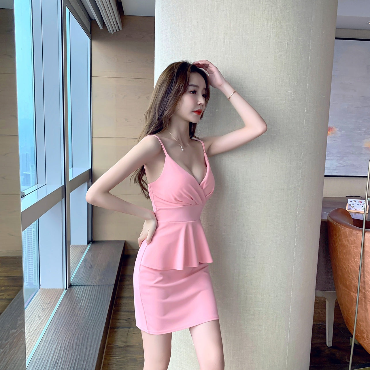 Romantic Pink Bodycon Spaghetti Strap Mini Dress Chic Night Outs Peplum Waist Bodycon Short Dress AP1824