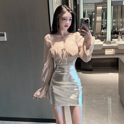Fantastic Lace Panel Mesh Top Silver Metallic Mini Skirt Gorgeous Two-Piece Set Balloon Sleeves Square Neck Short Dress AP1826