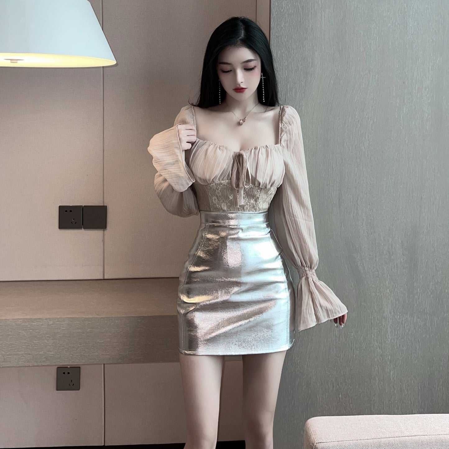 Fantastic Lace Panel Mesh Top Silver Metallic Mini Skirt Gorgeous Two-Piece Set Balloon Sleeves Square Neck Short Dress AP1826