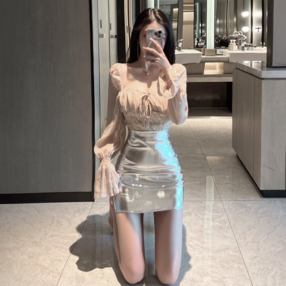 Fantastic Lace Panel Mesh Top Silver Metallic Mini Skirt Gorgeous Two-Piece Set Balloon Sleeves Square Neck Short Dress AP1826