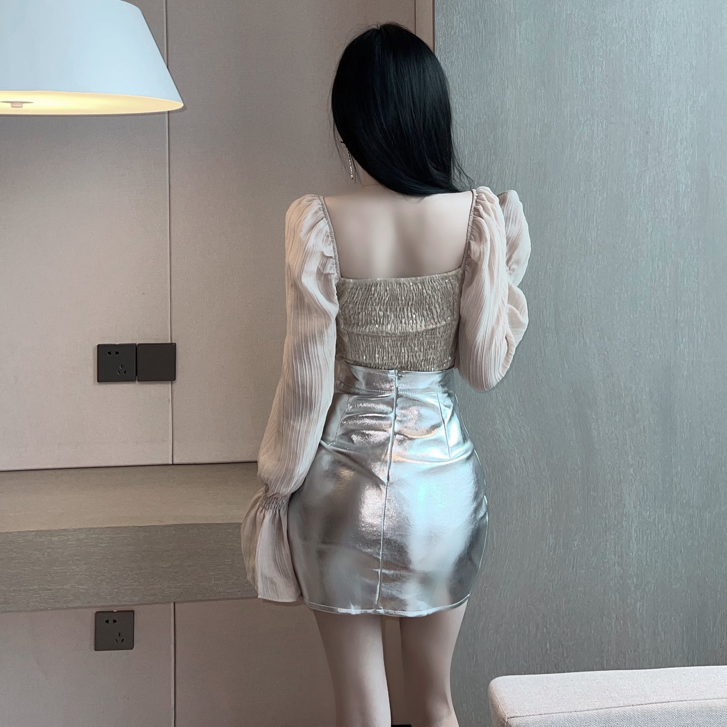 Fantastic Lace Panel Mesh Top Silver Metallic Mini Skirt Gorgeous Two-Piece Set Balloon Sleeves Square Neck Short Dress AP1826