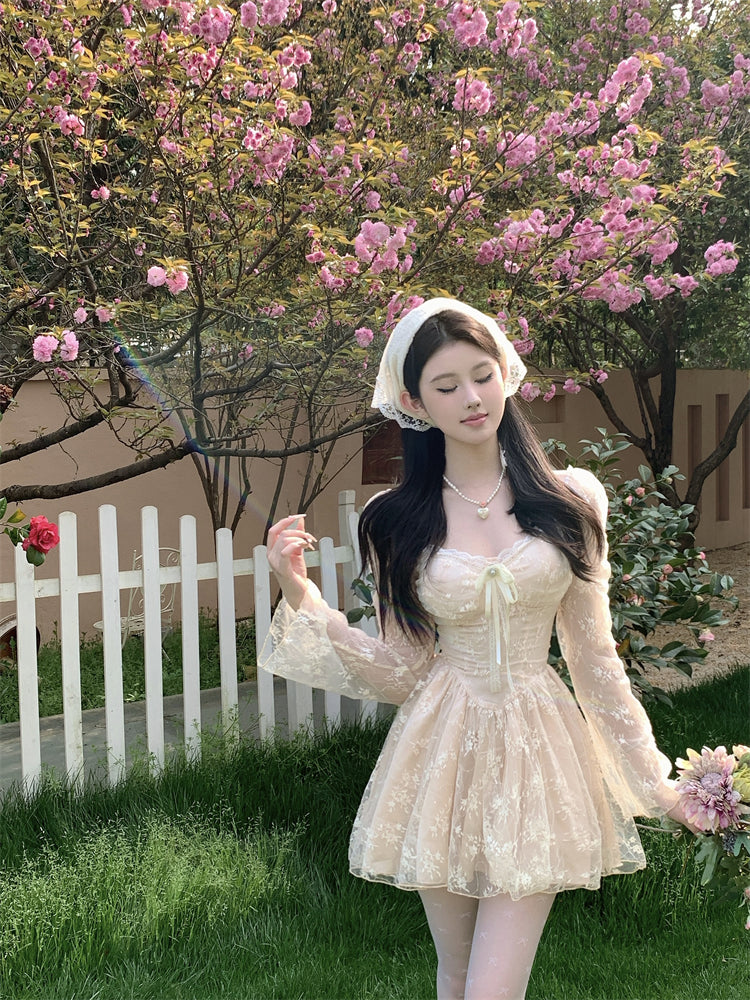 Exquisite Cream White Mesh Long Sleeve Sheath Mini Skirt Fairy-Inspired Textured Floral Print Lace Trimmed Tulle Overlay Short Dress AP1827