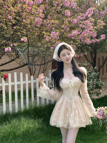 Exquisite Cream White Mesh Long Sleeve Sheath Mini Skirt Fairy-Inspired Textured Floral Print Lace Trimmed Tulle Overlay Short Dress AP1827