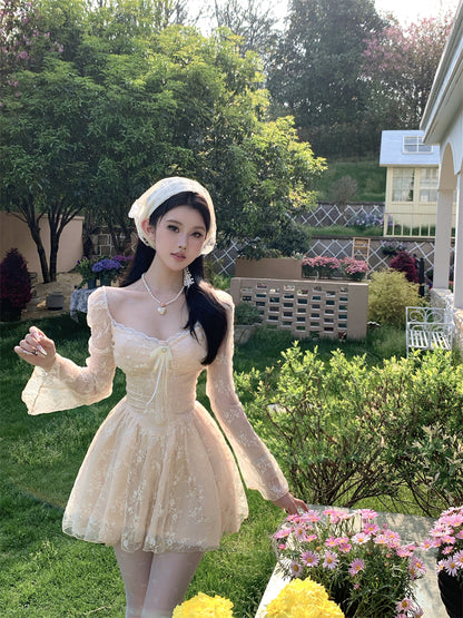 Exquisite Cream White Mesh Long Sleeve Sheath Mini Skirt Fairy-Inspired Textured Floral Print Lace Trimmed Tulle Overlay Short Dress AP1827