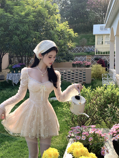 Exquisite Cream White Mesh Long Sleeve Sheath Mini Skirt Fairy-Inspired Textured Floral Print Lace Trimmed Tulle Overlay Short Dress AP1827