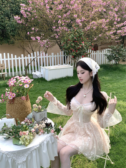 Exquisite Cream White Mesh Long Sleeve Sheath Mini Skirt Fairy-Inspired Textured Floral Print Lace Trimmed Tulle Overlay Short Dress AP1827