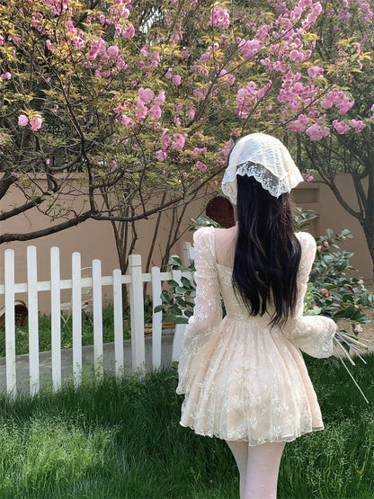 Exquisite Cream White Mesh Long Sleeve Sheath Mini Skirt Fairy-Inspired Textured Floral Print Lace Trimmed Tulle Overlay Short Dress AP1827