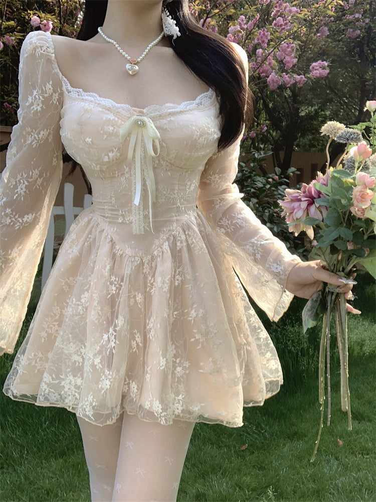 Exquisite Cream White Mesh Long Sleeve Sheath Mini Skirt Fairy-Inspired Textured Floral Print Lace Trimmed Tulle Overlay Short Dress AP1827