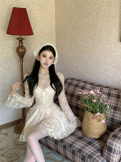 Exquisite Cream White Mesh Long Sleeve Sheath Mini Skirt Fairy-Inspired Textured Floral Print Lace Trimmed Tulle Overlay Short Dress AP1827