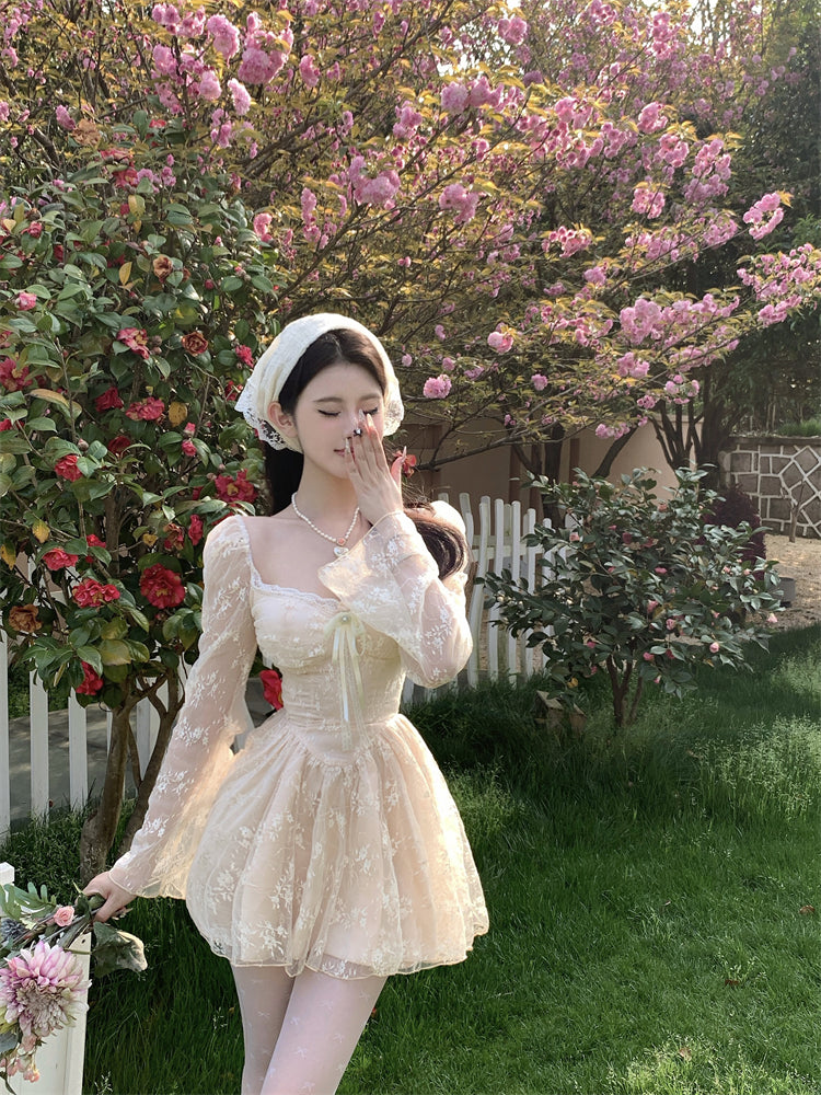 Exquisite Cream White Mesh Long Sleeve Sheath Mini Skirt Fairy-Inspired Textured Floral Print Lace Trimmed Tulle Overlay Short Dress AP1827