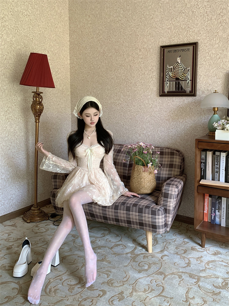 Exquisite Cream White Mesh Long Sleeve Sheath Mini Skirt Fairy-Inspired Textured Floral Print Lace Trimmed Tulle Overlay Short Dress AP1827