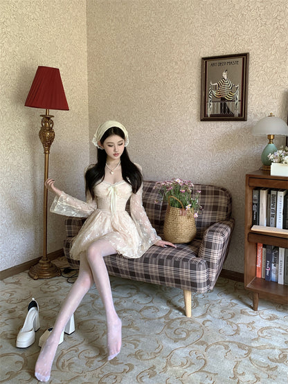 Exquisite Cream White Mesh Long Sleeve Sheath Mini Skirt Fairy-Inspired Textured Floral Print Lace Trimmed Tulle Overlay Short Dress AP1827