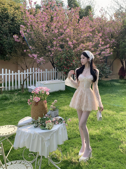 Exquisite Cream White Mesh Long Sleeve Sheath Mini Skirt Fairy-Inspired Textured Floral Print Lace Trimmed Tulle Overlay Short Dress AP1827