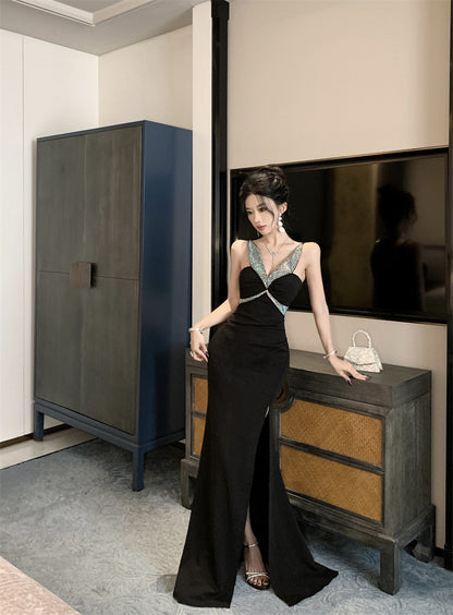 Glamorous Rhinestone Cross Strap Black Mermaid Maxi Dress Chic High Slit Luxury Parties Long Dress AP1828