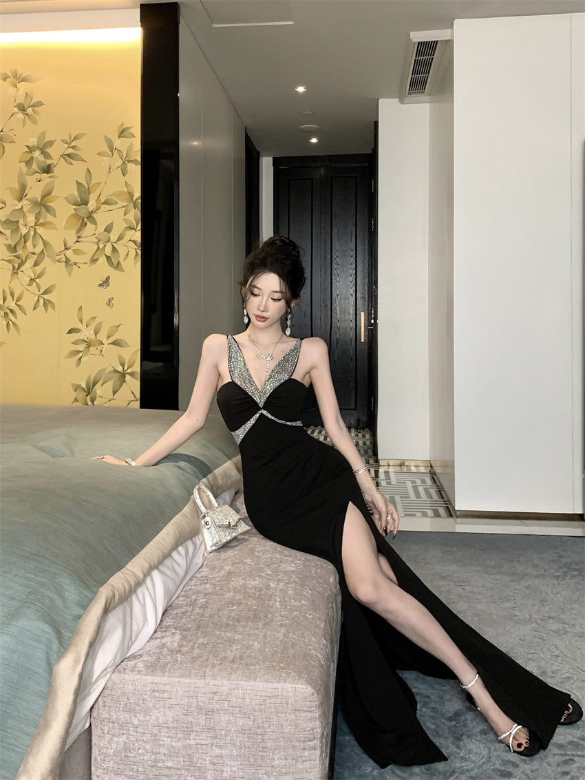 Glamorous Rhinestone Cross Strap Black Mermaid Maxi Dress Chic High Slit Luxury Parties Long Dress AP1828