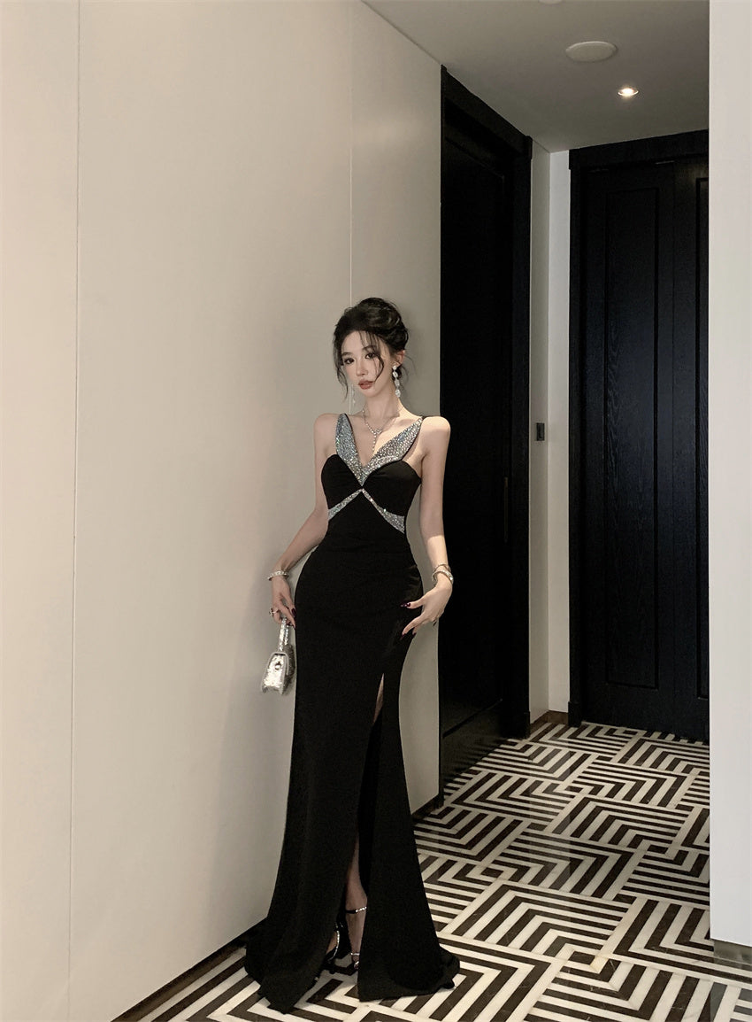 Glamorous Rhinestone Cross Strap Black Mermaid Maxi Dress Chic High Slit Luxury Parties Long Dress AP1828