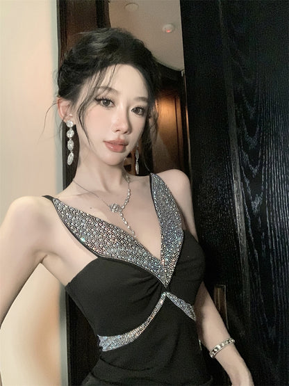 Glamorous Rhinestone Cross Strap Black Mermaid Maxi Dress Chic High Slit Luxury Parties Long Dress AP1828