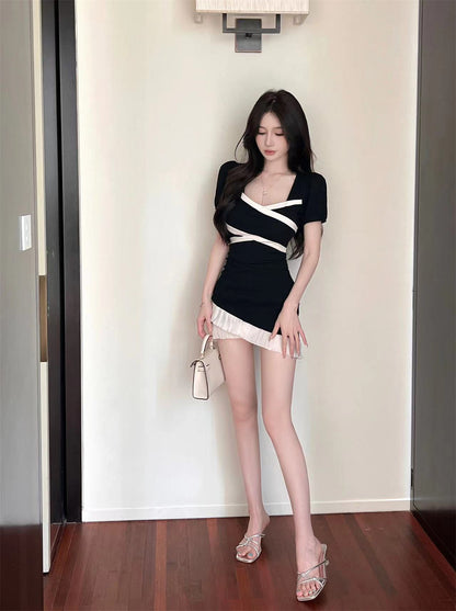 Charming Black & White Color-Block Mini Skirt Retro Asymmetric Mesh Hem Short Sleeves Short Dress AP1829