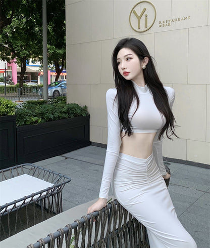 Graceful White Long Sleeve Crop Top 2-Piece Set Maxi Dress Casual Minimalist Ruched Mermaid Long Dress AP1830