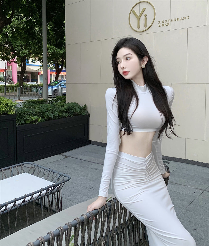 Graceful White Long Sleeve Crop Top 2-Piece Set Maxi Dress Casual Minimalist Ruched Mermaid Long Dress AP1830