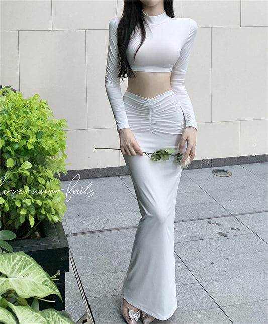 Graceful White Long Sleeve Crop Top 2-Piece Set Maxi Dress Casual Minimalist Ruched Mermaid Long Dress AP1830