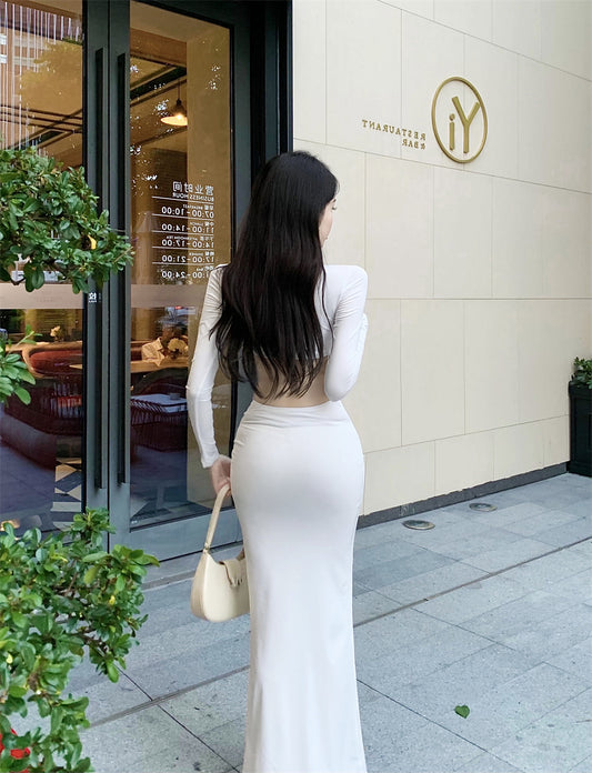 Graceful White Long Sleeve Crop Top 2-Piece Set Maxi Dress Casual Minimalist Ruched Mermaid Long Dress AP1830