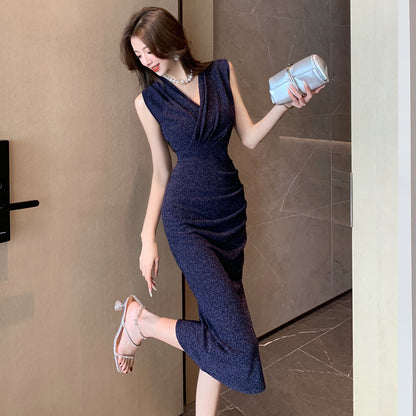 Vintage Royal Blue Glittering Fabic Maxi Dress Vogue Sleeveless Side Slit Asymmetric Hem Long Dress AP1831