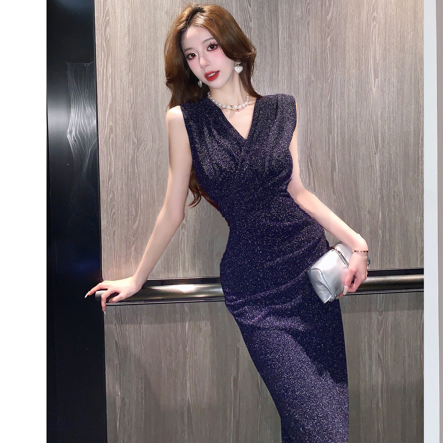 Vintage Royal Blue Glittering Fabic Maxi Dress Vogue Sleeveless Side Slit Asymmetric Hem Long Dress AP1831