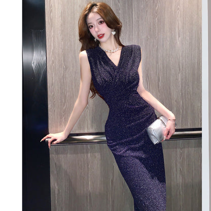 Vintage Royal Blue Glittering Fabic Maxi Dress Vogue Sleeveless Side Slit Asymmetric Hem Long Dress AP1831