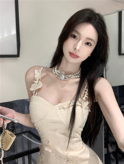 Y2K Style Spaghetti Strap Zipper Back Mini Dress Romantic Dates Bodycon Beige 3D Flower Accents Short Dress AP1832