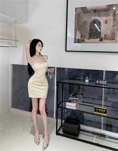 Y2K Style Spaghetti Strap Zipper Back Mini Dress Romantic Dates Bodycon Beige 3D Flower Accents Short Dress AP1832