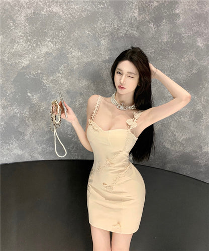 Y2K Style Spaghetti Strap Zipper Back Mini Dress Romantic Dates Bodycon Beige 3D Flower Accents Short Dress AP1832