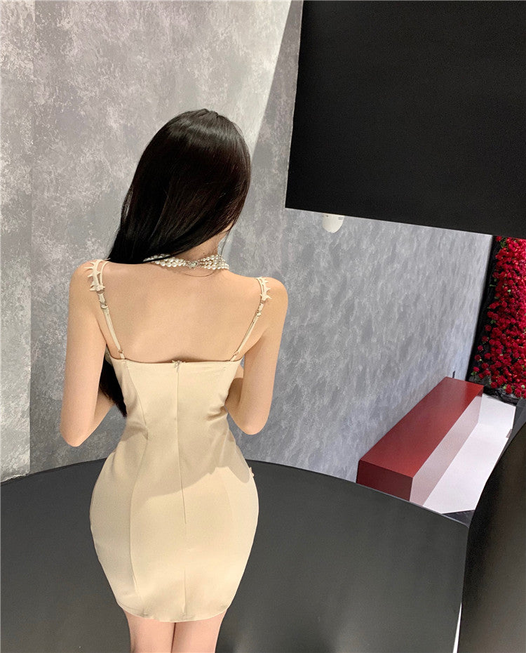 Y2K Style Spaghetti Strap Zipper Back Mini Dress Romantic Dates Bodycon Beige 3D Flower Accents Short Dress AP1832
