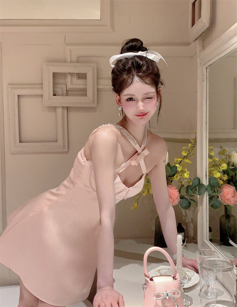 Sweet Girls Beaded Design Crisscross Front Mini Skirt Bodycon A-Line Pink Bow Design Cinched-Waist Halter Short Dress AP1833