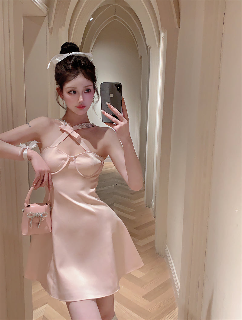 Sweet Girls Beaded Design Crisscross Front Mini Skirt Bodycon A-Line Pink Bow Design Cinched-Waist Halter Short Dress AP1833