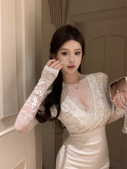 Alluring Cream White Satin Bodycon Long Sleeves Mini Skirt Dreamy Textured Applique Sheer Lace Trimmed Formal Galas Short Dress AP1834