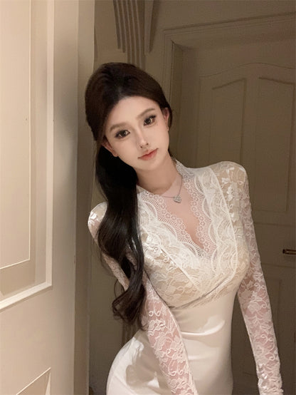 Alluring Cream White Satin Bodycon Long Sleeves Mini Skirt Dreamy Textured Applique Sheer Lace Trimmed Formal Galas Short Dress AP1834